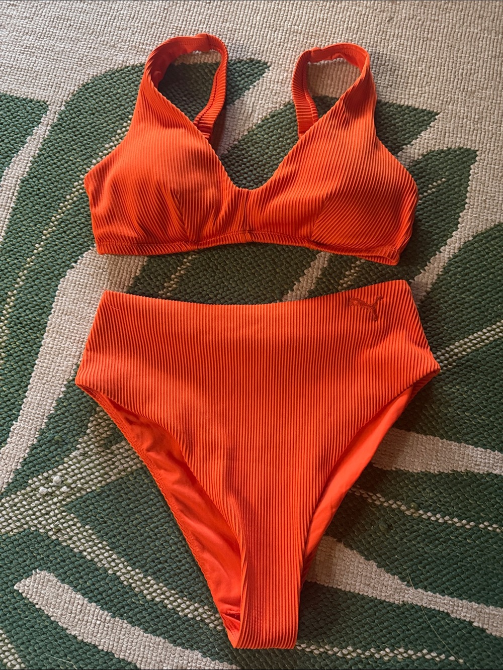 Puma Orange Ribbed High Waist Bikini Set small